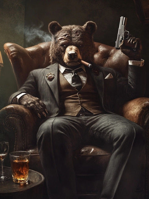 Bear Mob Boss In Armchair Canvas Wall Art, Large Vertical