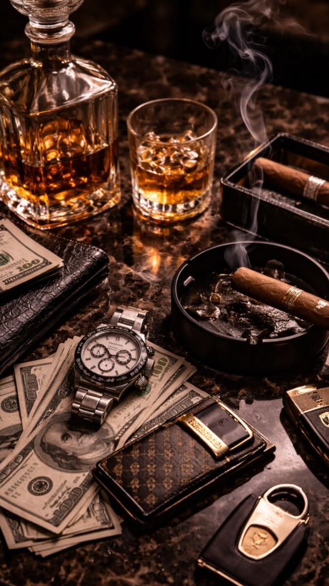 Whiskey Cigar And Luxury Desk Canvas Wall Art, Large Vertical