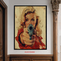 Pulp Fiction Style Canvas, Badass Woman with Gun, Retro Western Art