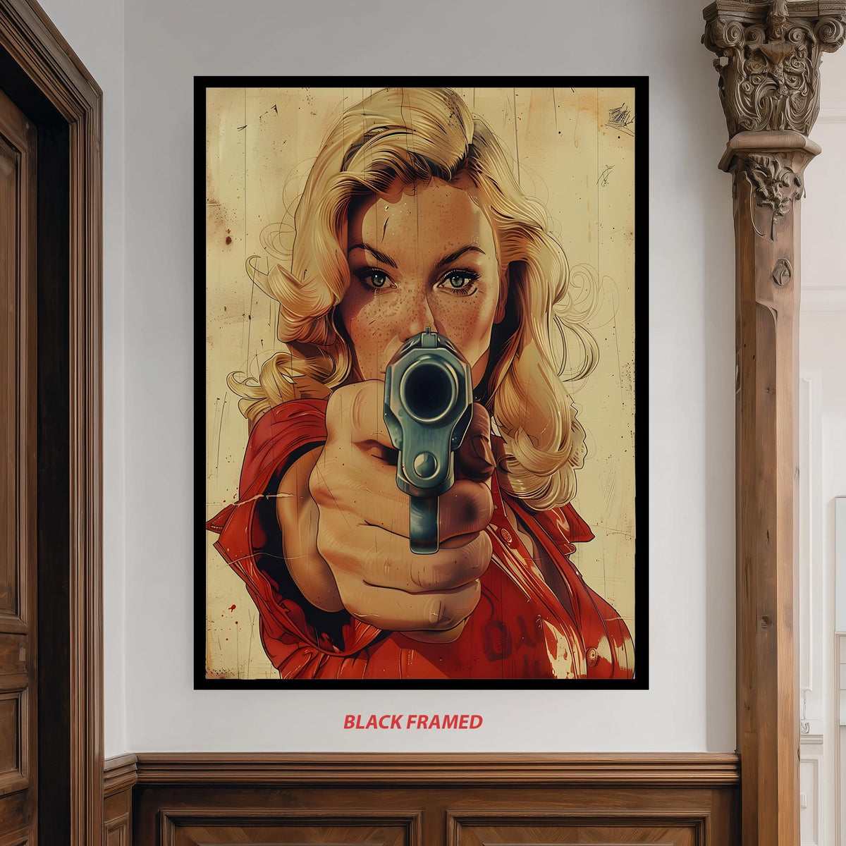 Pulp Fiction Style Canvas, Badass Woman with Gun, Retro Western Art