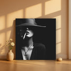Woman In Hat Smoking Cigarette Canvas Wall Art, Black White