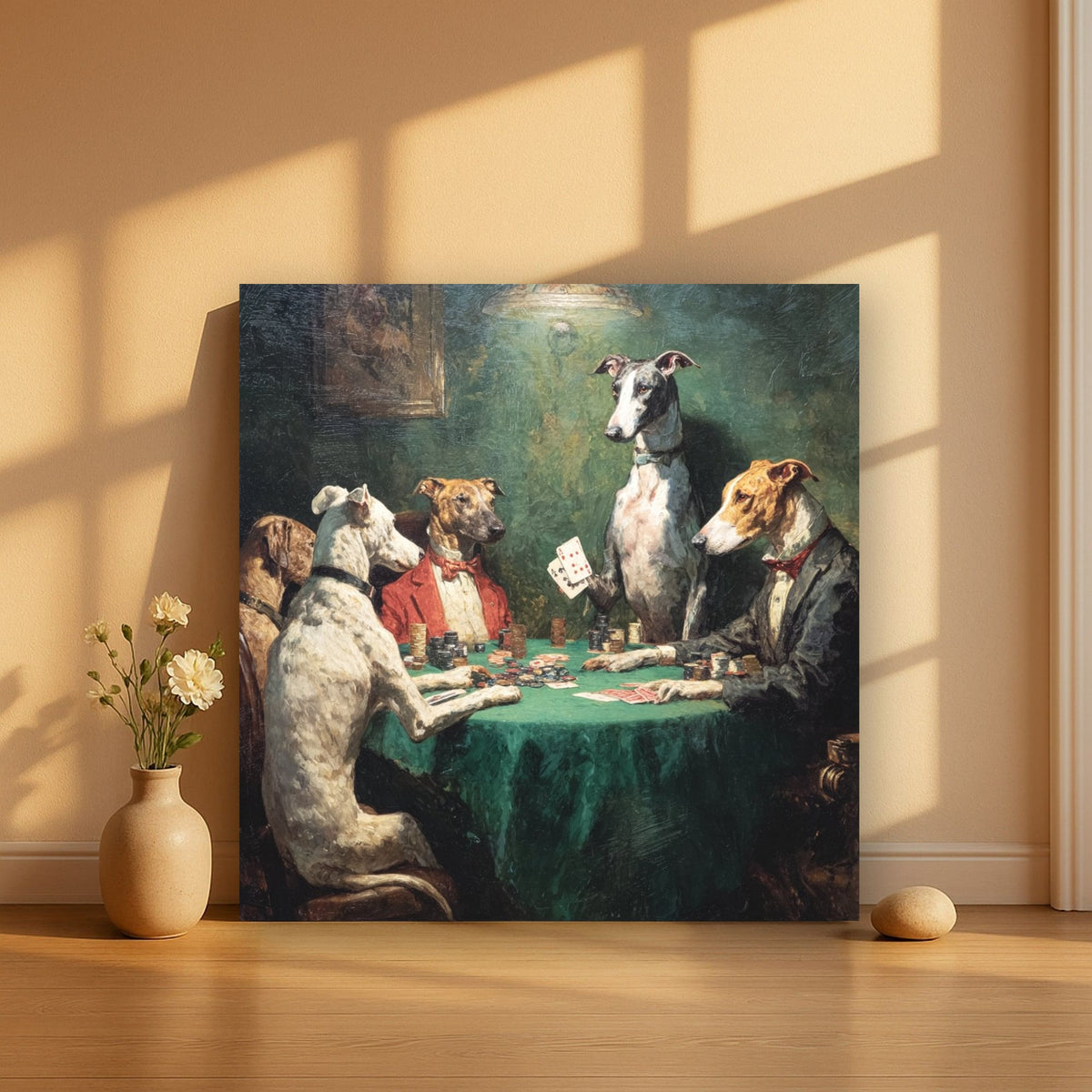 Dogs Playing Poker At Card Table Canvas Wall Art, Deep Green