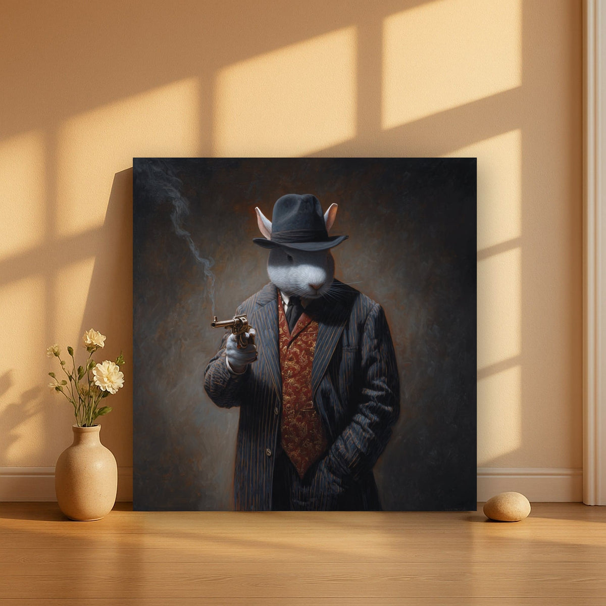 Monochrome Rabbit Gangster Canvas Wall Art, Vintage Noir, Square Panel