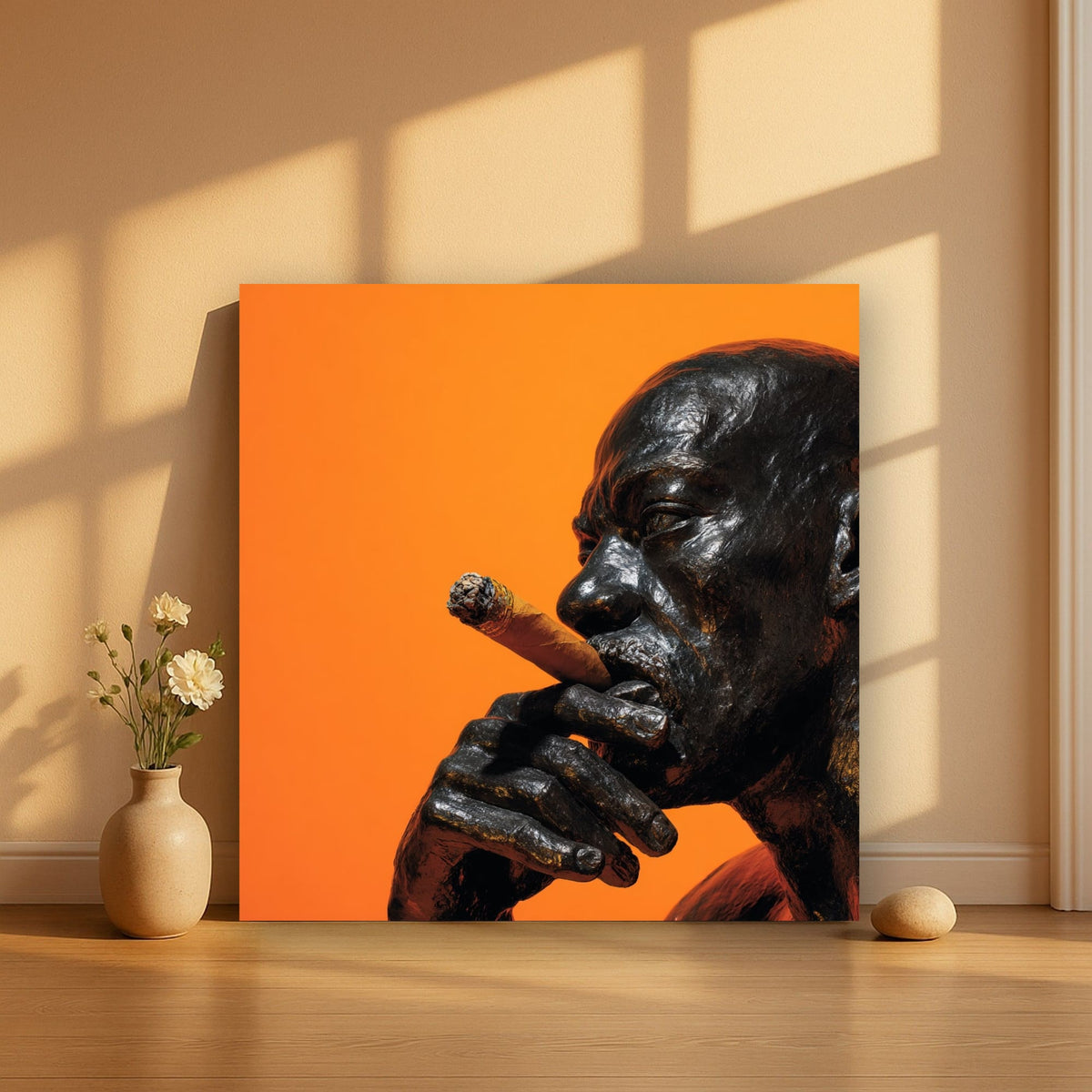 Man Smoking Cigar Portrait Canvas Wall Art, Burnt Orange, Vintage Noir