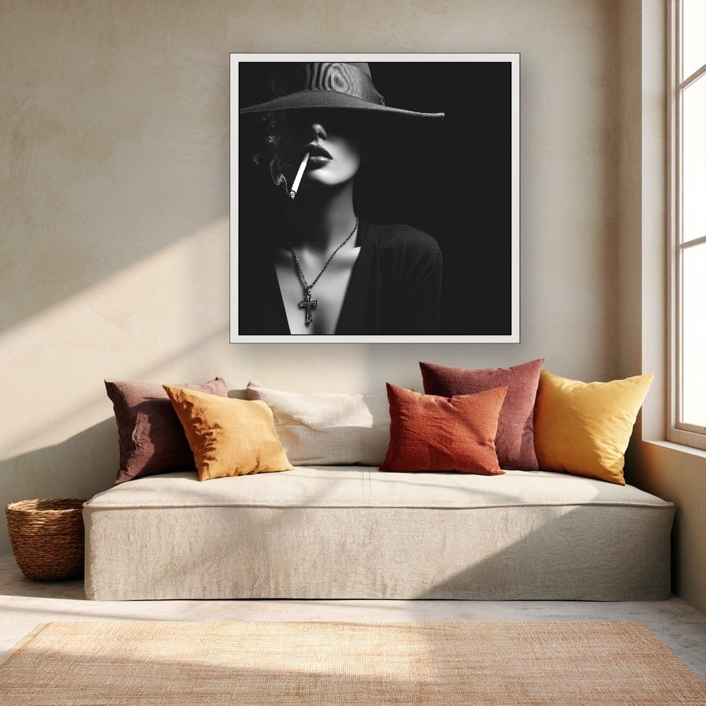 Woman In Hat Smoking Cigarette Canvas Wall Art, Black White