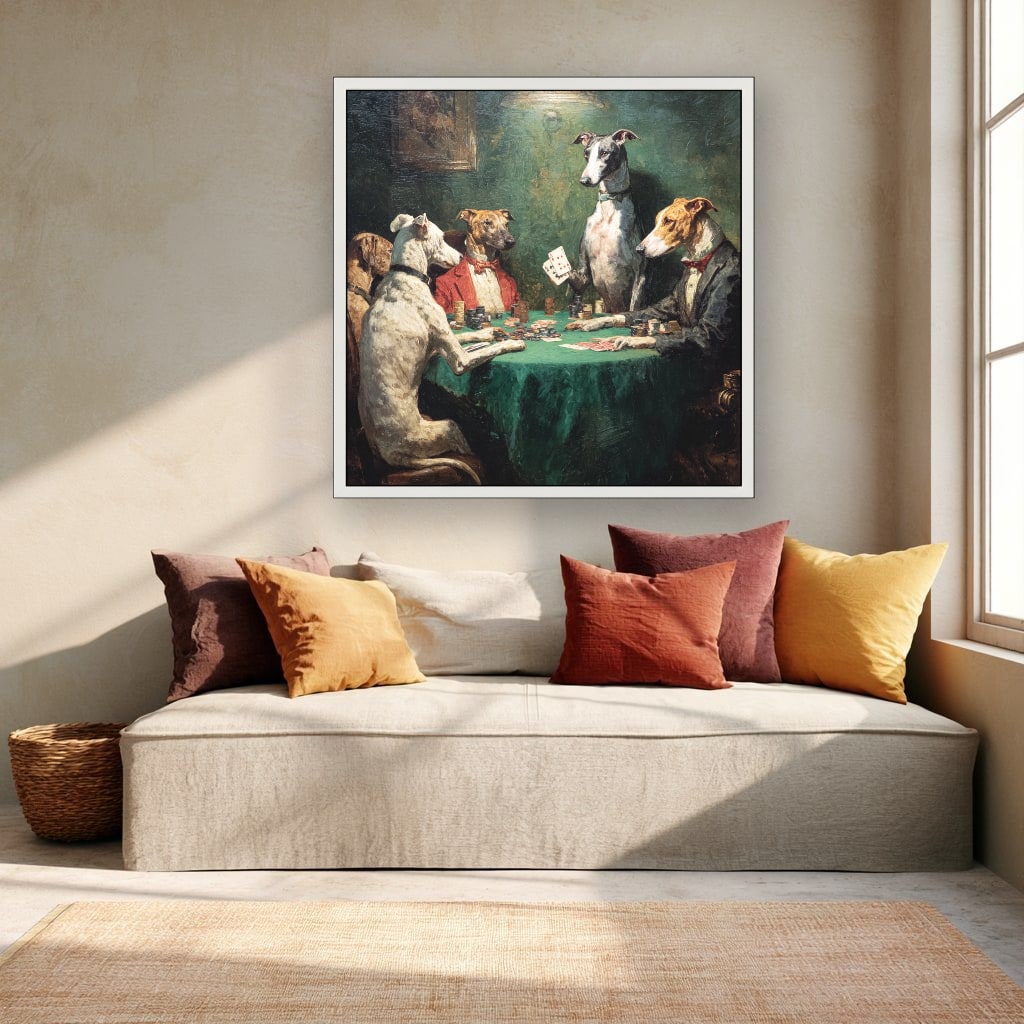 Dogs Playing Poker At Card Table Canvas Wall Art, Deep Green