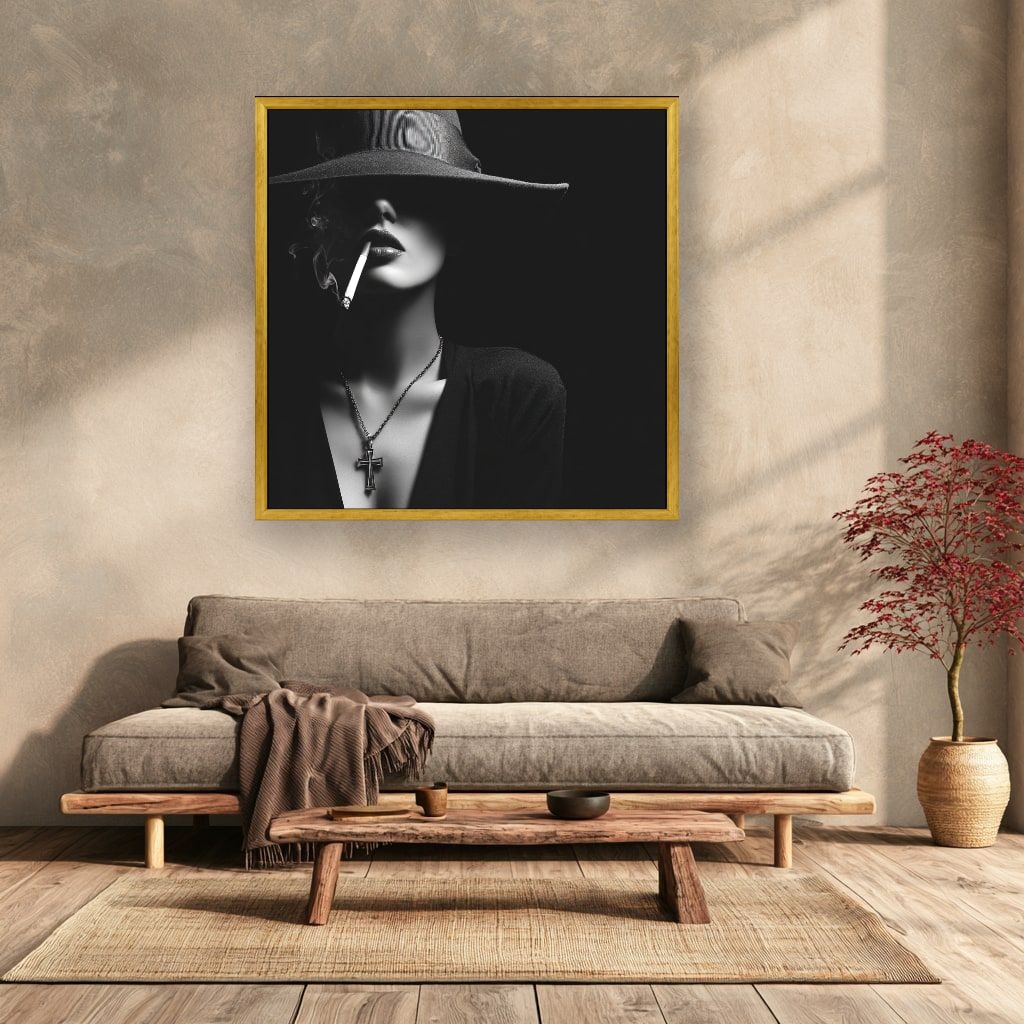 Woman In Hat Smoking Cigarette Canvas Wall Art, Black White