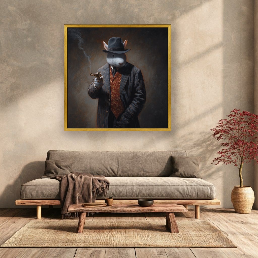 Monochrome Rabbit Gangster Canvas Wall Art, Vintage Noir, Square Panel