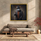 Monochrome Rabbit Gangster Canvas Wall Art, Vintage Noir, Square Panel