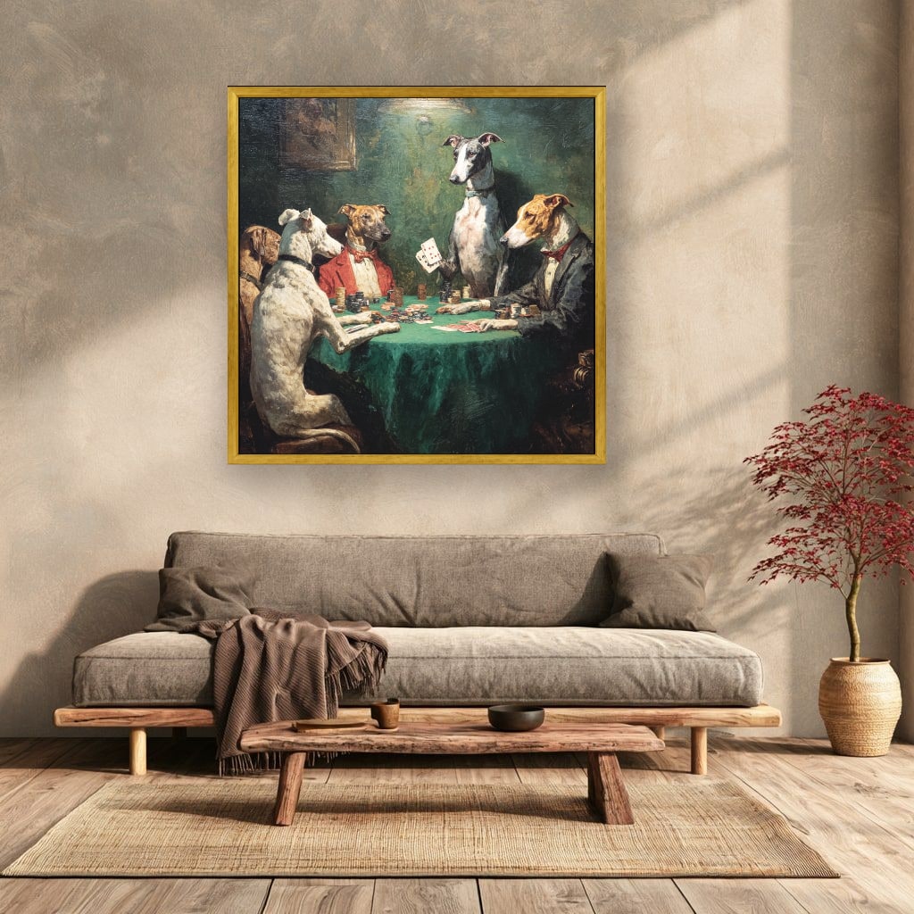 Dogs Playing Poker At Card Table Canvas Wall Art, Deep Green