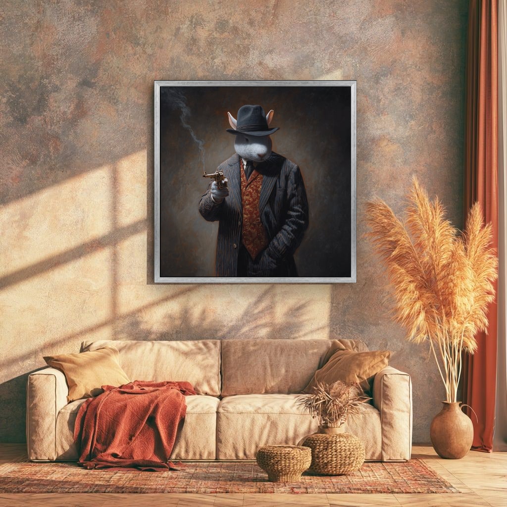 Monochrome Rabbit Gangster Canvas Wall Art, Vintage Noir, Square Panel