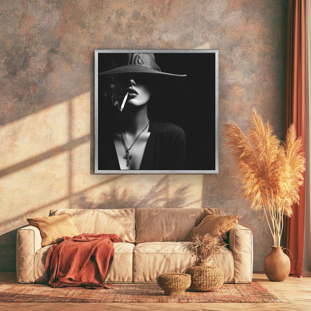 Woman In Hat Smoking Cigarette Canvas Wall Art, Black White