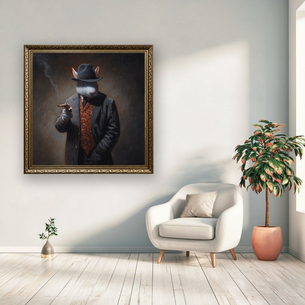 Monochrome Rabbit Gangster Canvas Wall Art, Vintage Noir, Square Panel