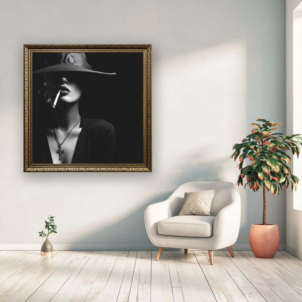 Woman In Hat Smoking Cigarette Canvas Wall Art, Black White