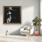 Woman In Hat Smoking Cigarette Canvas Wall Art, Black White