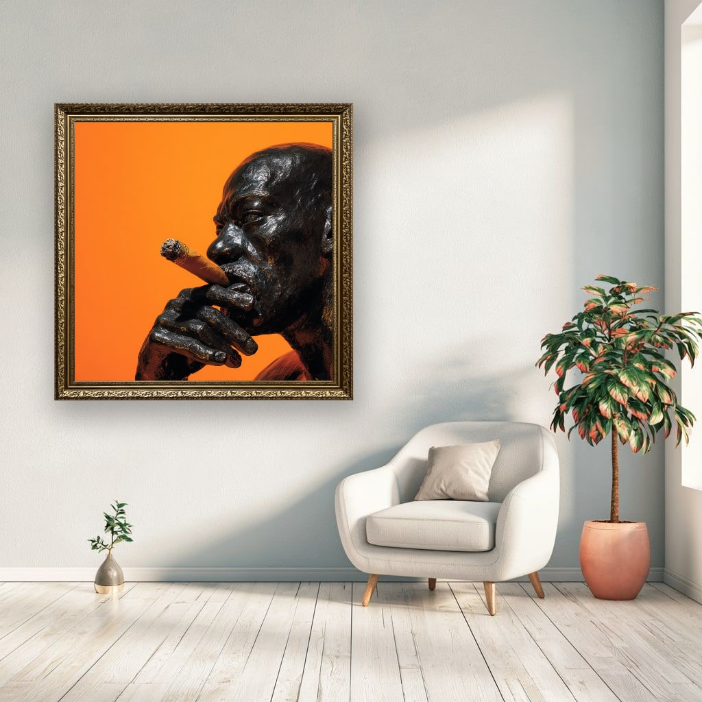 Man Smoking Cigar Portrait Canvas Wall Art, Burnt Orange, Vintage Noir