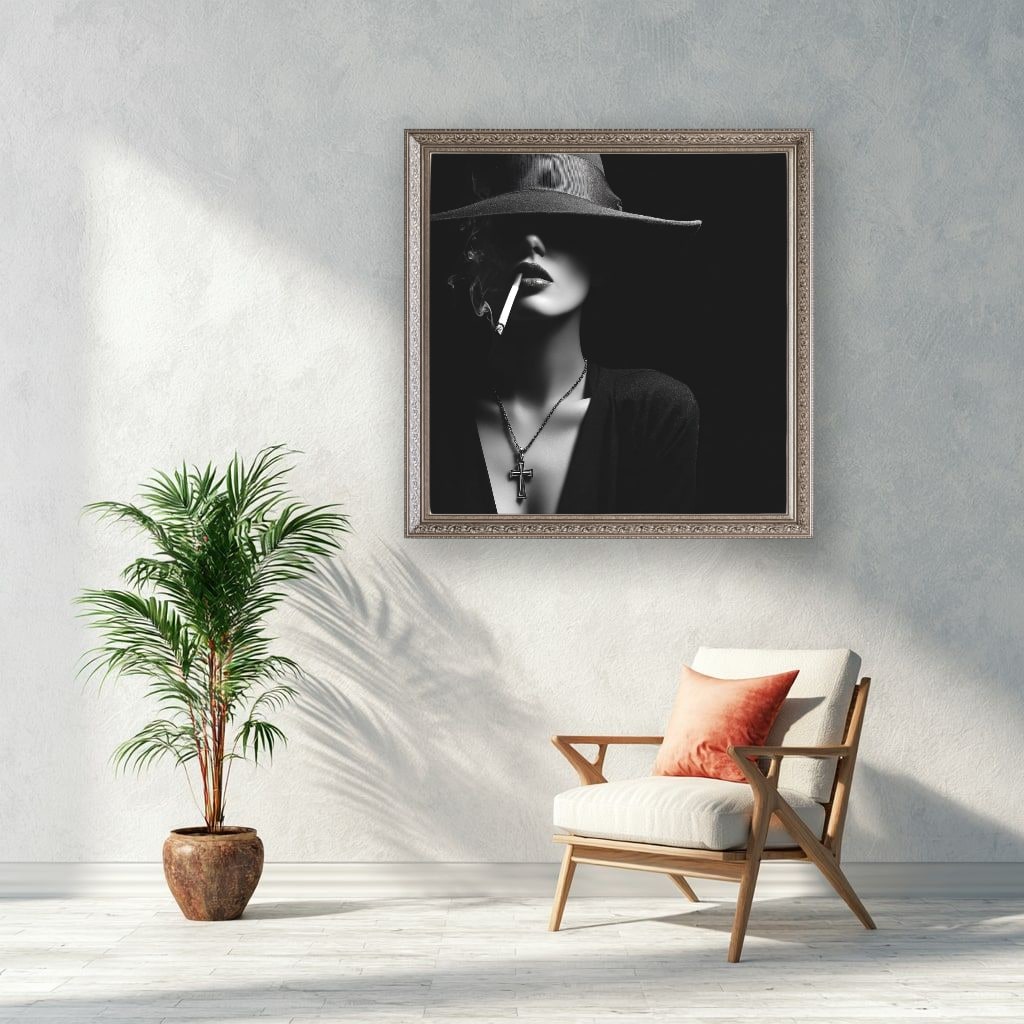 Woman In Hat Smoking Cigarette Canvas Wall Art, Black White
