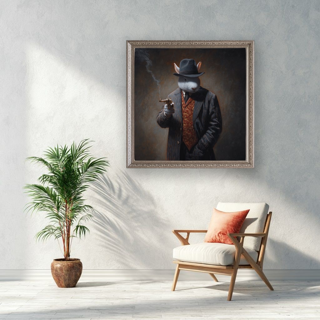 Monochrome Rabbit Gangster Canvas Wall Art, Vintage Noir, Square Panel