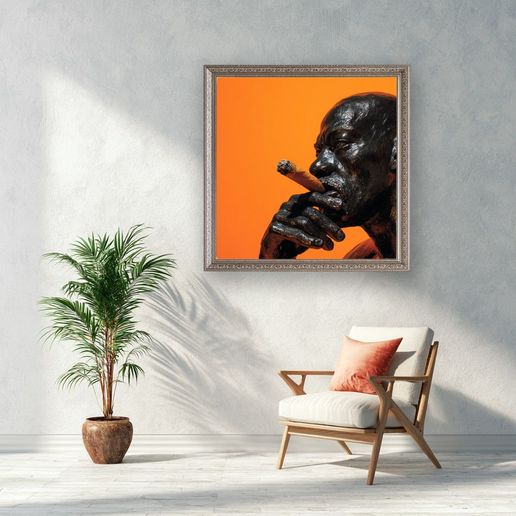 Man Smoking Cigar Portrait Canvas Wall Art, Burnt Orange, Vintage Noir
