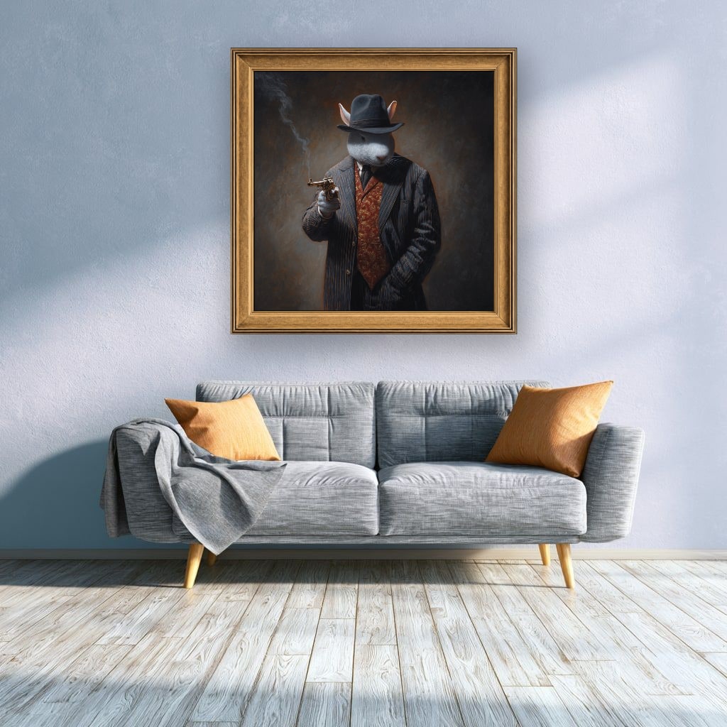 Monochrome Rabbit Gangster Canvas Wall Art, Vintage Noir, Square Panel