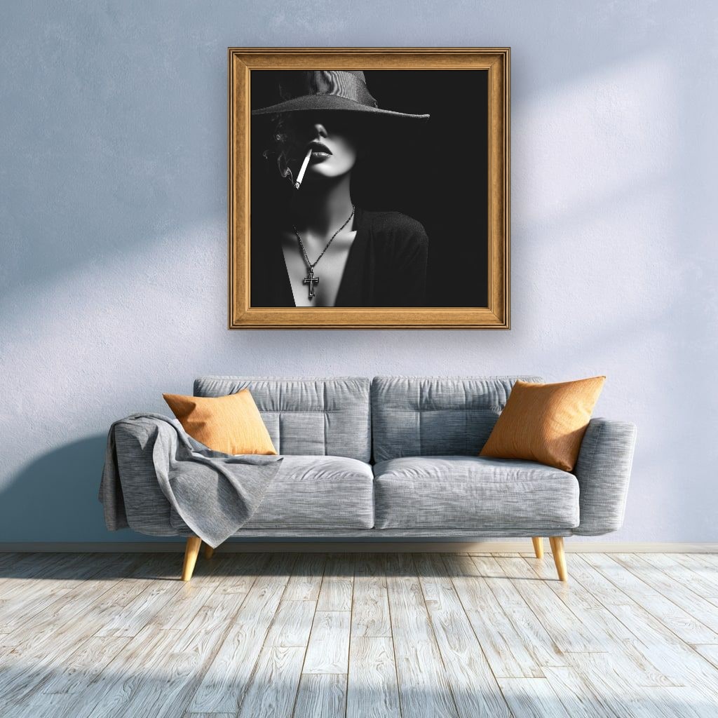Woman In Hat Smoking Cigarette Canvas Wall Art, Black White