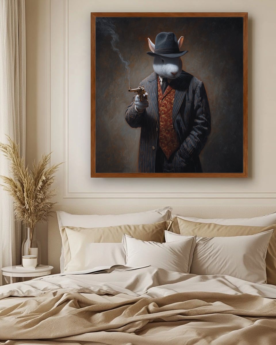 Monochrome Rabbit Gangster Canvas Wall Art, Vintage Noir, Square Panel
