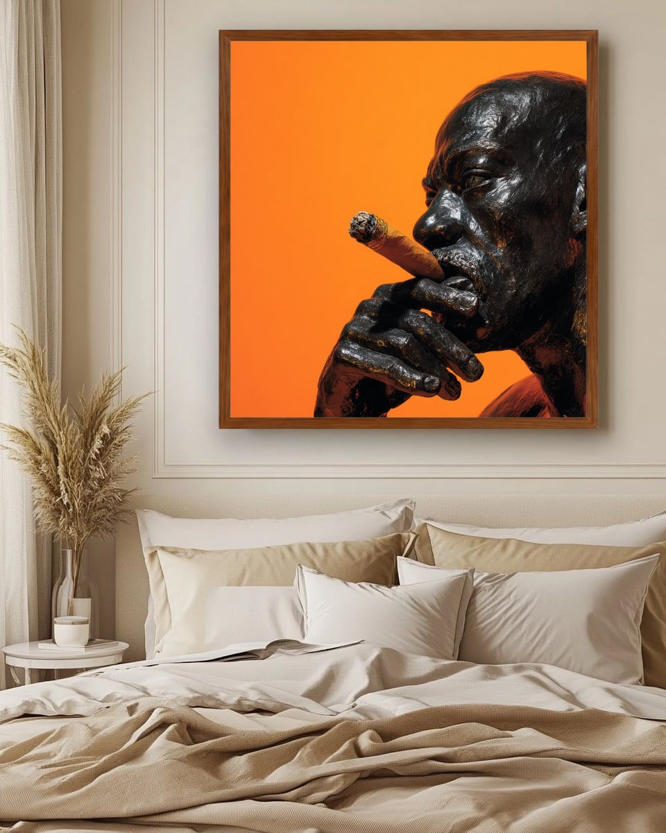 Man Smoking Cigar Portrait Canvas Wall Art, Burnt Orange, Vintage Noir