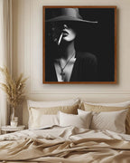 Woman In Hat Smoking Cigarette Canvas Wall Art, Black White