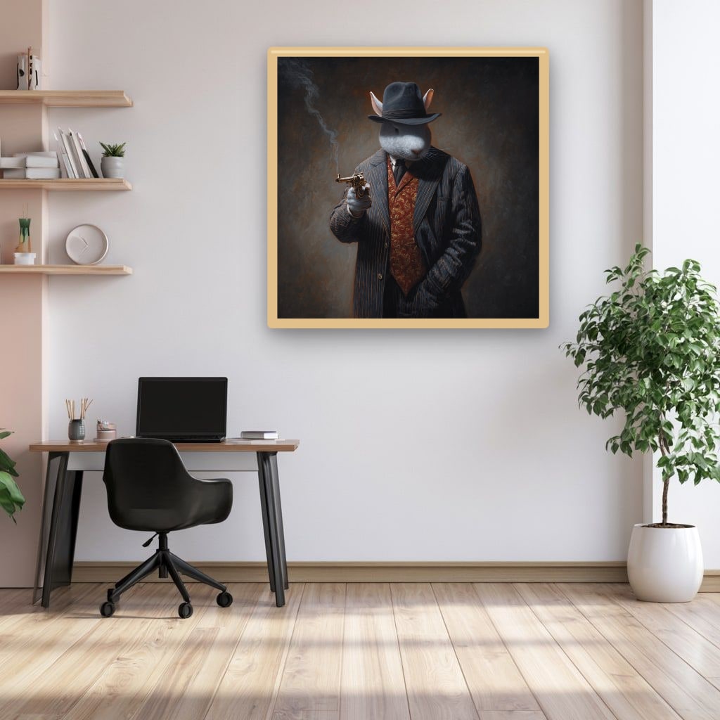 Monochrome Rabbit Gangster Canvas Wall Art, Vintage Noir, Square Panel