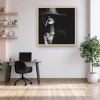 Woman In Hat Smoking Cigarette Canvas Wall Art, Black White
