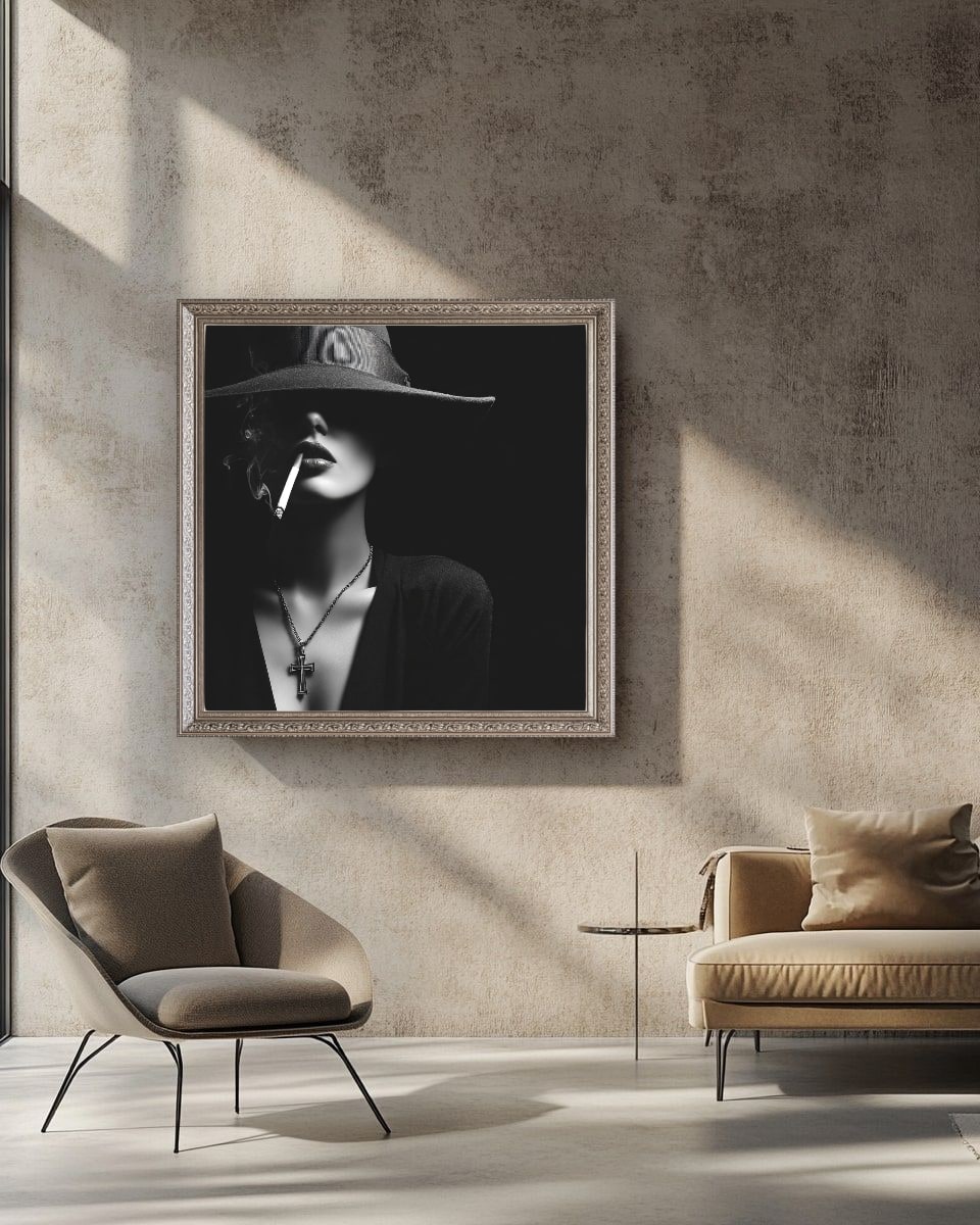 Woman In Hat Smoking Cigarette Canvas Wall Art, Black White