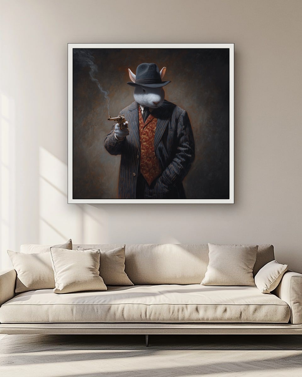 Monochrome Rabbit Gangster Canvas Wall Art, Vintage Noir, Square Panel