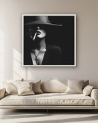 Woman In Hat Smoking Cigarette Canvas Wall Art, Black White