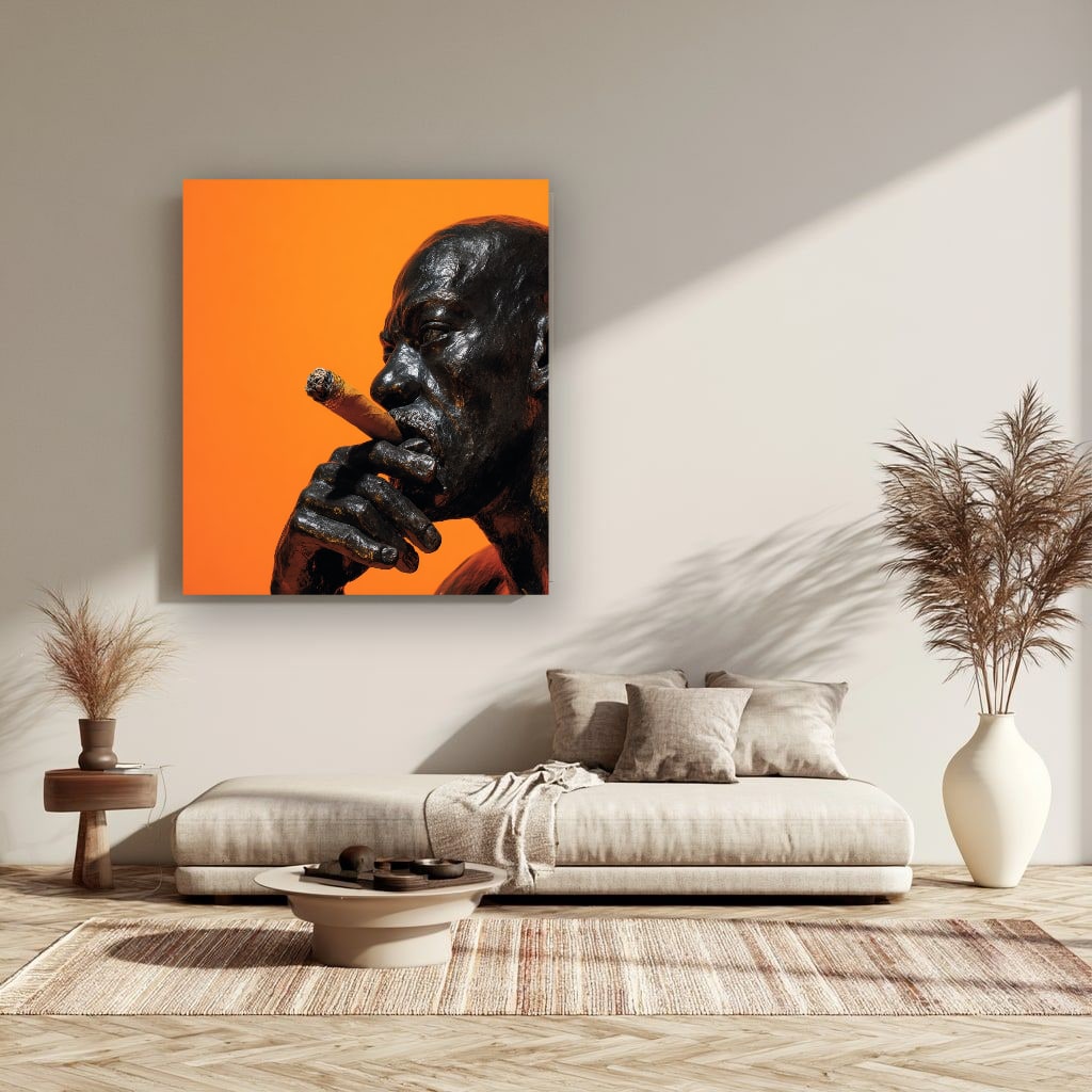 Man Smoking Cigar Portrait Canvas Wall Art, Burnt Orange, Vintage Noir
