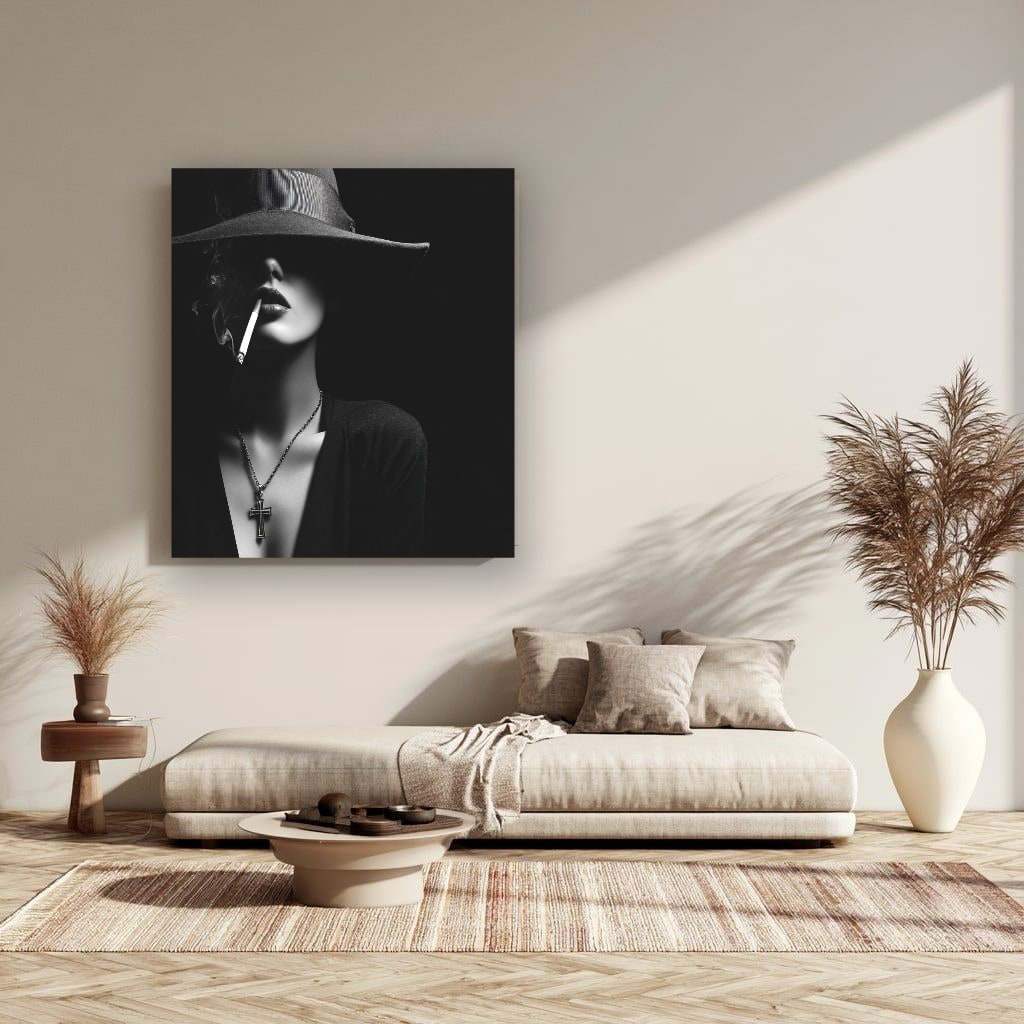 Woman In Hat Smoking Cigarette Canvas Wall Art, Black White