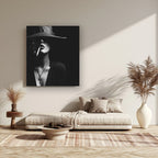 Woman In Hat Smoking Cigarette Canvas Wall Art, Black White