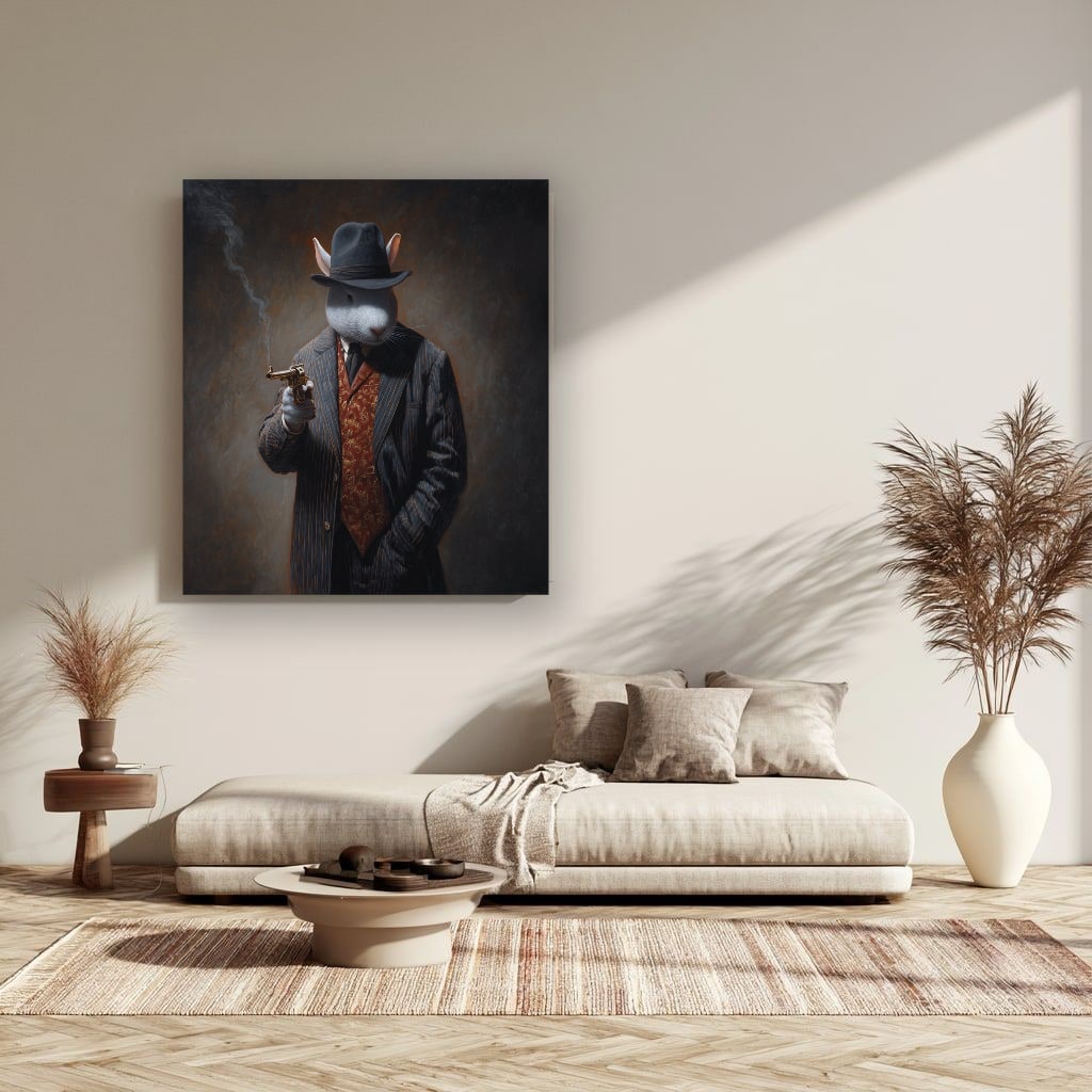 Monochrome Rabbit Gangster Canvas Wall Art, Vintage Noir, Square Panel