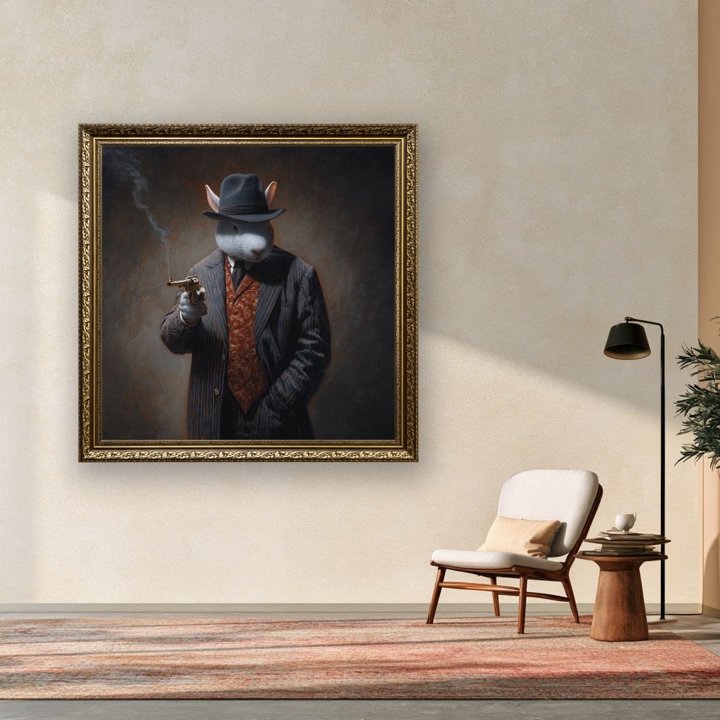 Monochrome Rabbit Gangster Canvas Wall Art, Vintage Noir, Square Panel