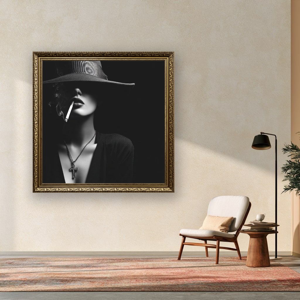 Woman In Hat Smoking Cigarette Canvas Wall Art, Black White