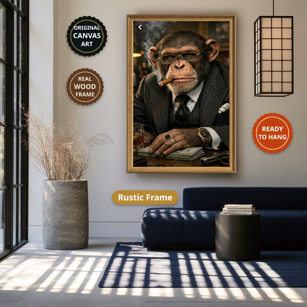 Dapper Monkey With Cigar Canvas Wall Art, Charcoal Grey, Vintage Noir