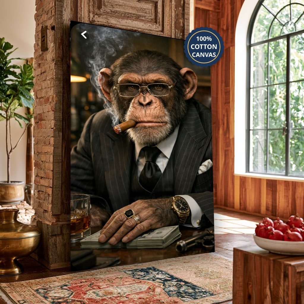 Dapper Monkey With Cigar Canvas Wall Art, Charcoal Grey, Vintage Noir