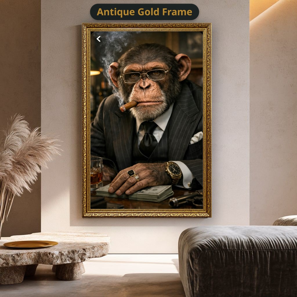Dapper Monkey With Cigar Canvas Wall Art, Charcoal Grey, Vintage Noir