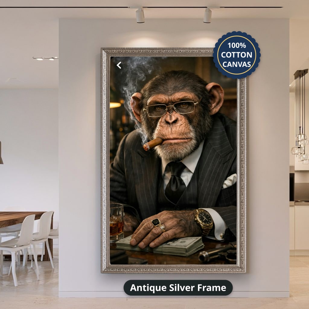 Dapper Monkey With Cigar Canvas Wall Art, Charcoal Grey, Vintage Noir