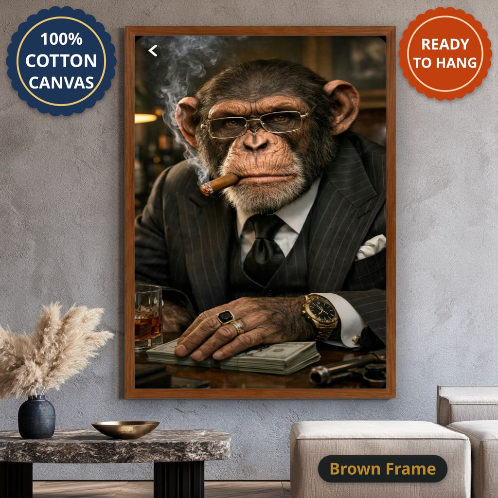 Dapper Monkey With Cigar Canvas Wall Art, Charcoal Grey, Vintage Noir