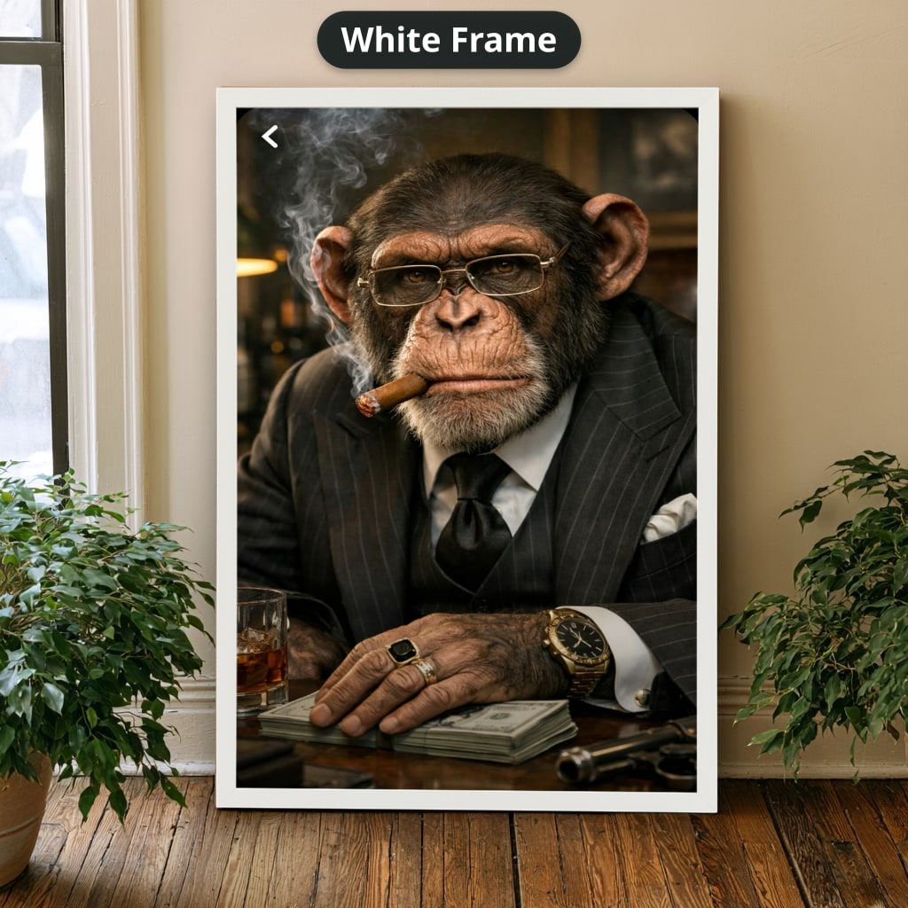 Dapper Monkey With Cigar Canvas Wall Art, Charcoal Grey, Vintage Noir