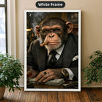 Dapper Monkey With Cigar Canvas Wall Art, Charcoal Grey, Vintage Noir