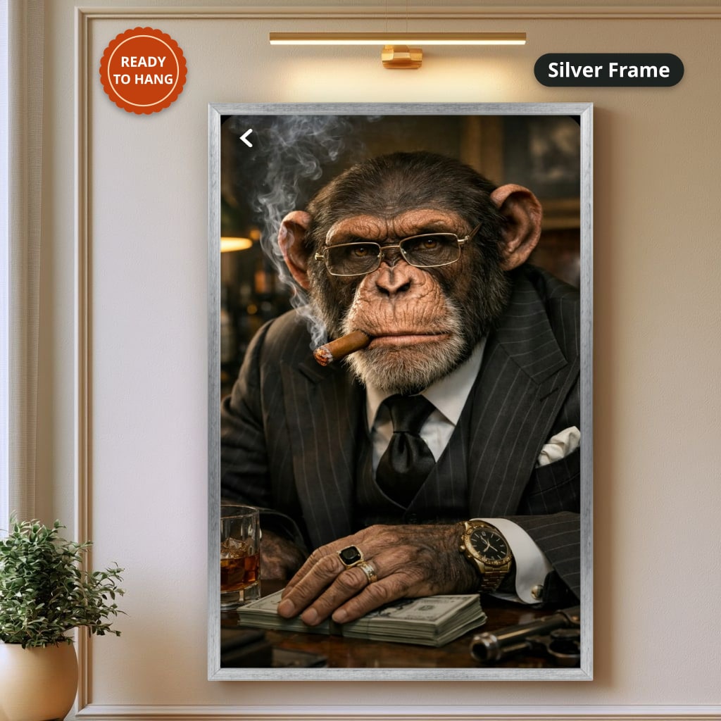 Dapper Monkey With Cigar Canvas Wall Art, Charcoal Grey, Vintage Noir
