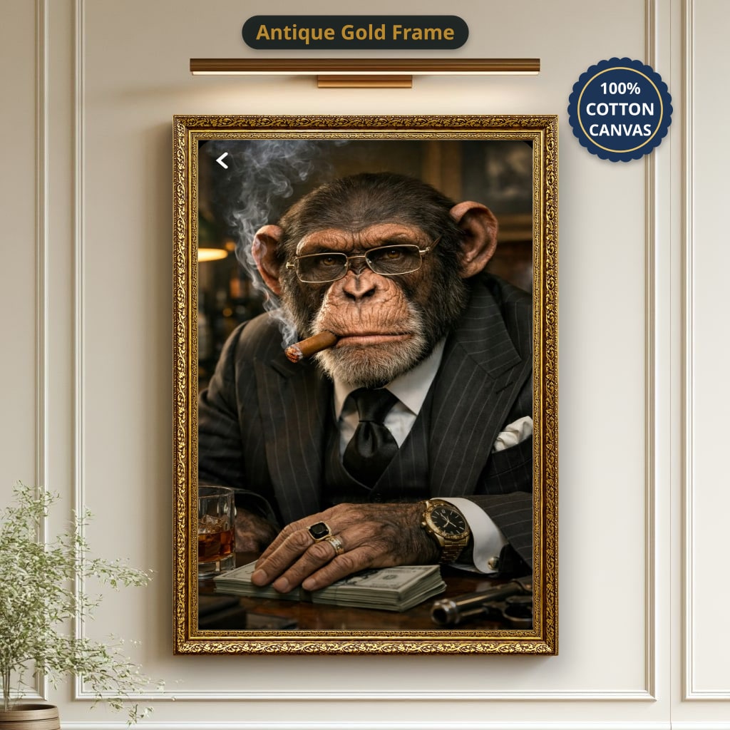 Dapper Monkey With Cigar Canvas Wall Art, Charcoal Grey, Vintage Noir