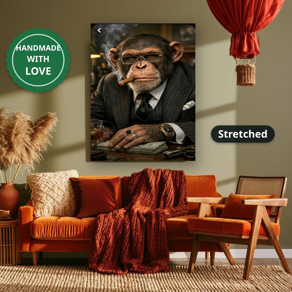Dapper Monkey With Cigar Canvas Wall Art, Charcoal Grey, Vintage Noir