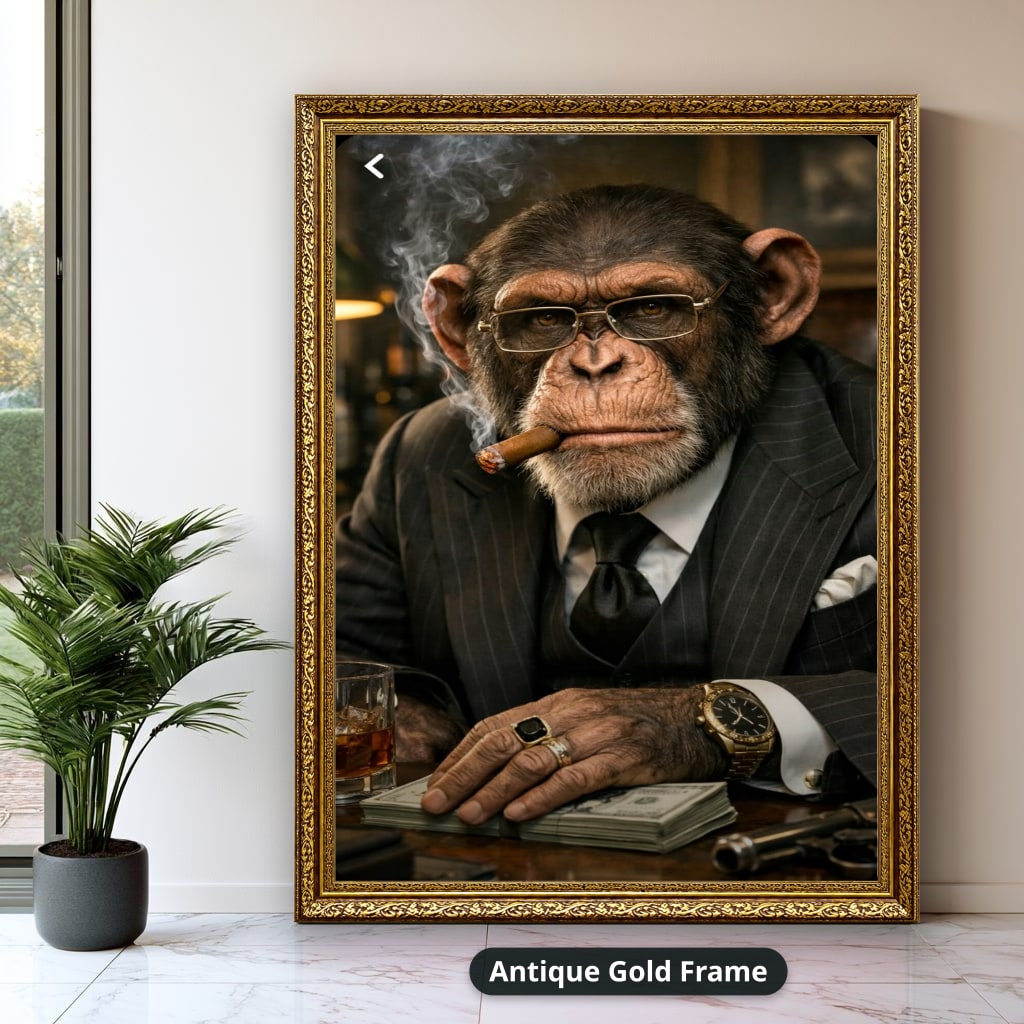 Dapper Monkey With Cigar Canvas Wall Art, Charcoal Grey, Vintage Noir